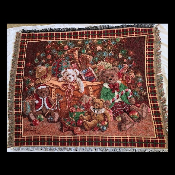 Vtg Goodwin Weavers Teddy Bear Xmas Tapestry Throw Blanket Signed Janet Kruskamp - Picture 1 of 9